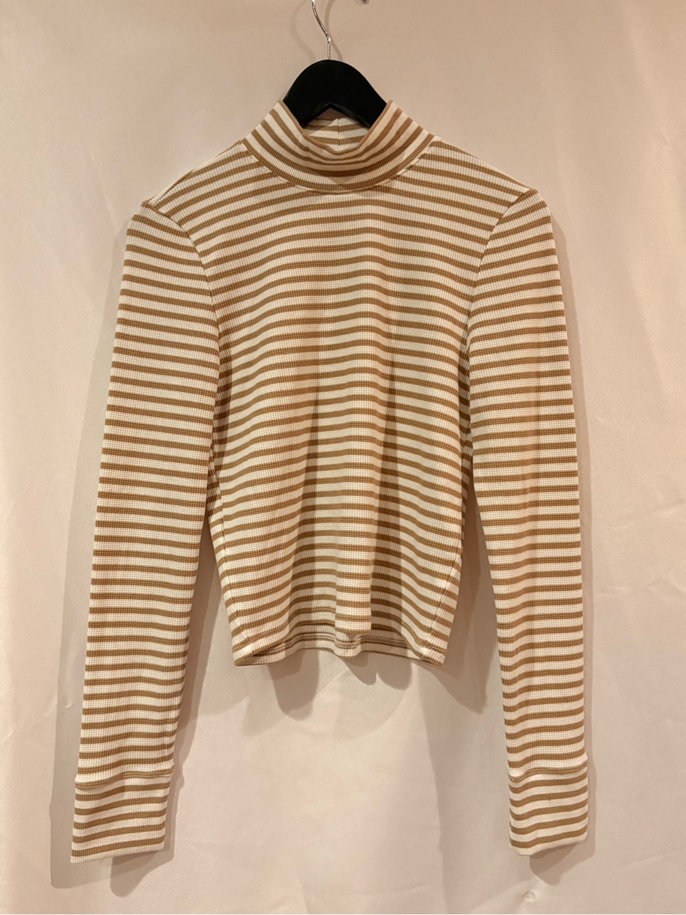 Striped Mock Neck Long-Sleeve Sweater in Cream and Tan